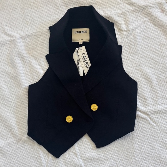 L'AGENCE Black Tailored Wool Vest with Gold Button - Picture 3 of 5